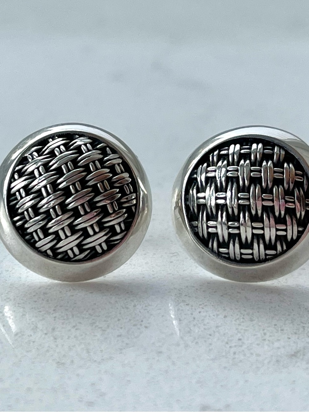 Woven-Texture Sterling Silver Round Earrings: Vintage